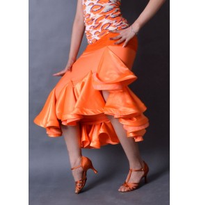 Orange colored women's ladies competition professional ruffles irregular hem latin salsa cha cha dance skirts